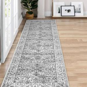 KILOCOCO Hallway Runner Rug 2x8 Runner Rug Washable Kitchen Runners Printed Vintage Floral Non-Slip Soft Low Pile Rubber Backed Distressed Runners for Laundry Room Bedroom, Light Gray White