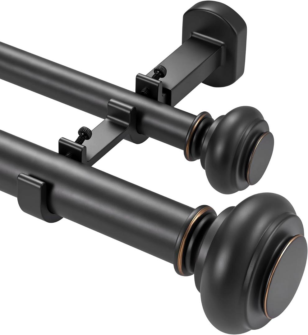 1 1/8 Inch Heavy Duty Double Curtain Rods for Windows, 36-72inch(3-6ft) Adjustable Length Telescoping Dual Drapery Rod Set with Solid Aluminum Bracket for Porch, Floor-to-ceiling Windows, Matte Black