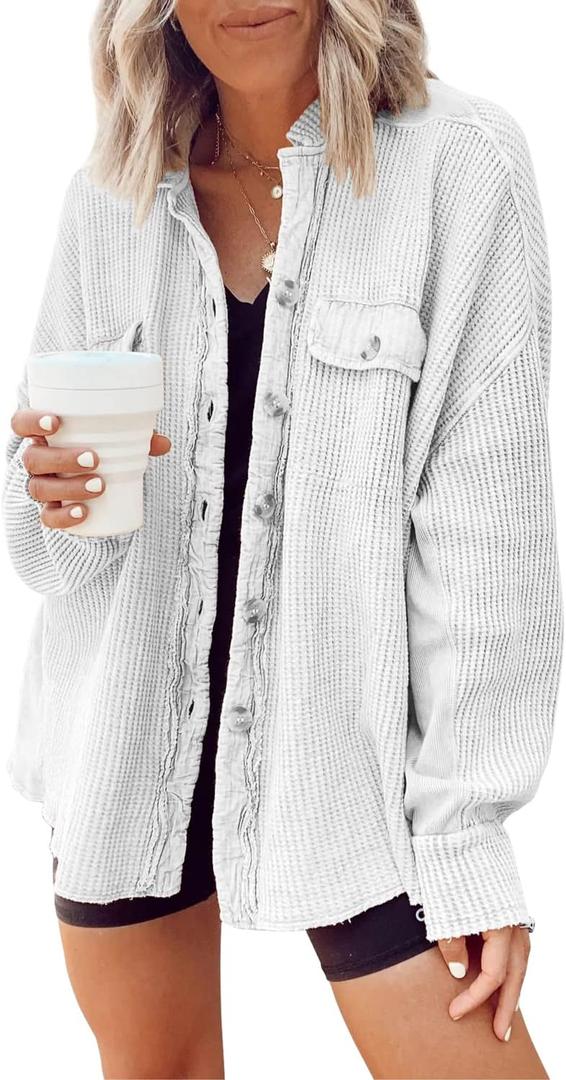 chouyatou Women's Loose Fit Batwing Sleeve Waffle Knit Button Down Shirt Shacket Tops XXL