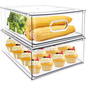 MANO 2Pack Clear Fridge Drawers Pull Out Stackable Refrigerator Drawer Organizer Bins Pantry Storage Box Plastic Food Containers for Kitchen Bathroom Office Closet (X-Large)