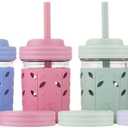 Elk and Friends Kids + Toddler Glass Cups | The Original 8oz Glass Mason Jar with Sleeves + Lids | Silicone Straws + Stopper | Smoothie Cup | Food Storage | Spill Resistant | Dishwasher Safe | 4 Pack (Sage/Blush/Lilac/MistyBlue)