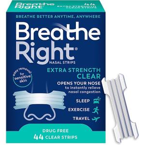 Breathe Right Nasal Strips | Extra Strength | Clear | For Sensitive Skin I DrugFree Snoring Solution & Nasal Congestion Relief Caused by Colds & Allergies | 44 Count 
