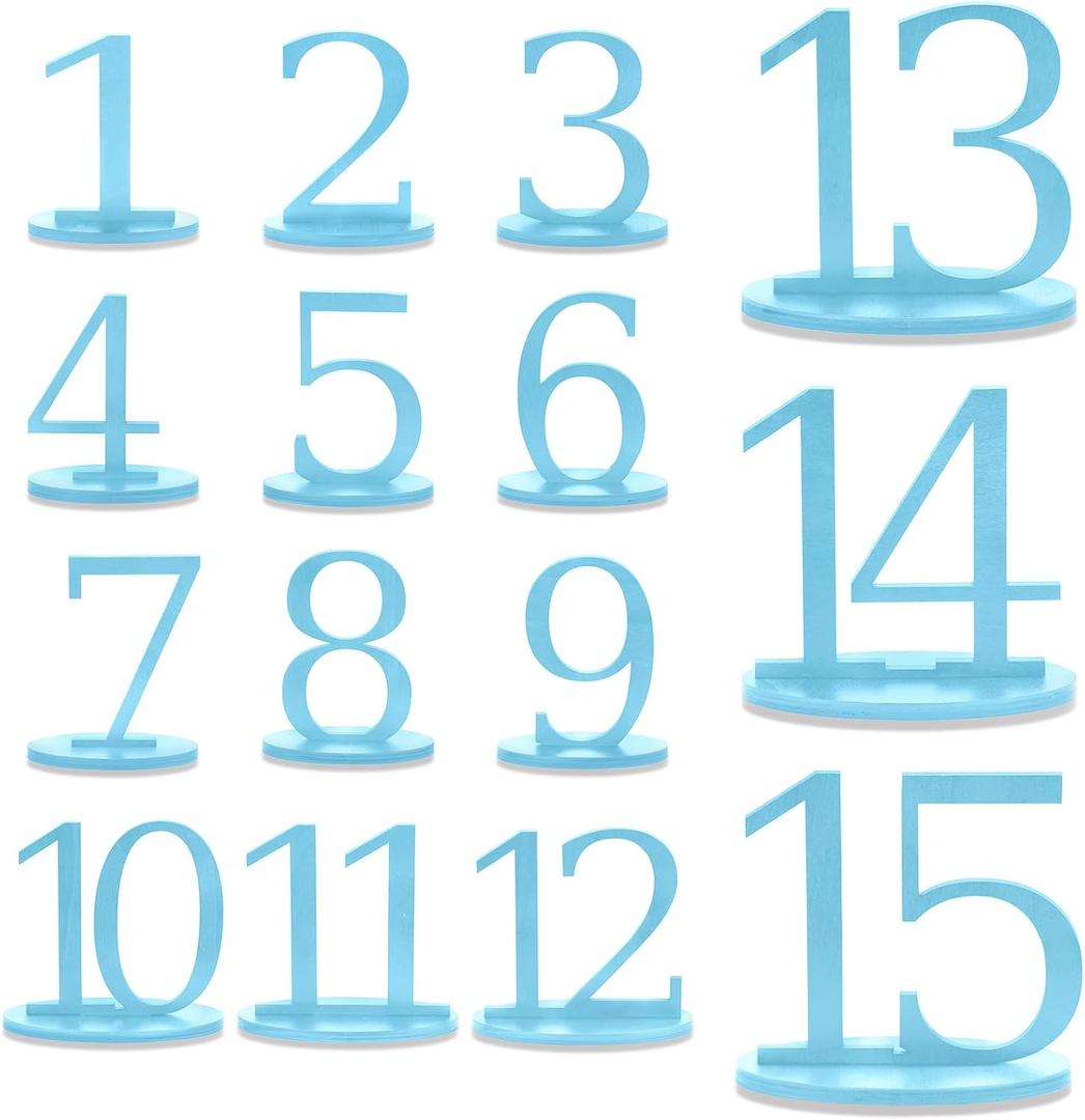 XUWAIDSGN Wooden Table Numbers 1-15 with Oval Base Table Numbers for Wedding Reception Wood Rustic Wedding Signs Holders Stands for Banquets Anniversary Parties (Blue)