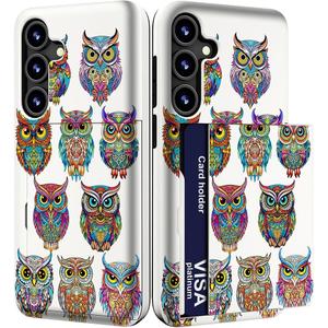 Compatible for Samsung Galaxy S24 & S25 Case Cute with Card Holder/Slim Slot Wallet Phone Cover for Women/Owl Birds Tribal Style Tattoo Cartoon Animal Funny