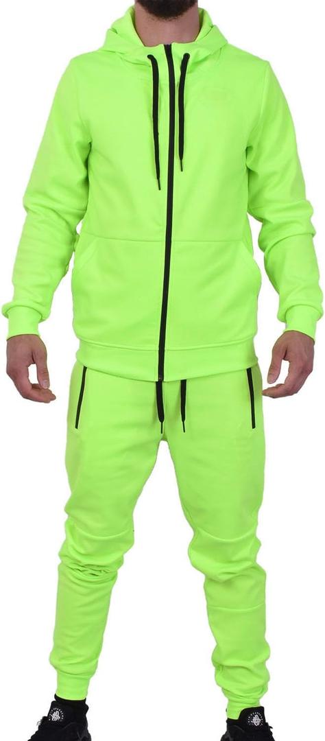 Riflessi Men's Athletic Sports Casual 2 Piece Solid Color Tracksuit Hoodie Jogger Pants Sweatsuit Set (Neon Green, L)