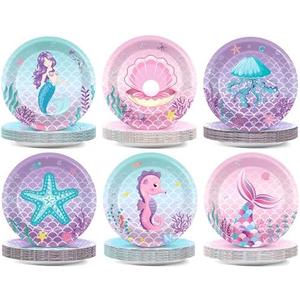 Mermaid Party Plates Under the Sea Birthday Supplies 7Inch Marine Sea Animals Tableware Ocean Plates Disposable Paper Plate Dessert Plates for Boy Girl Kid Baby Shower Decoration Favor