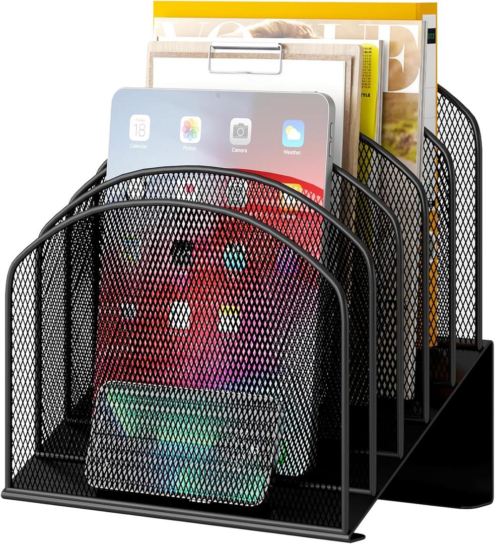Desk File Organizer, Metal Mesh Vertical Desktop File Folder Holder for Office & School & Home, 1 Pack (Black)