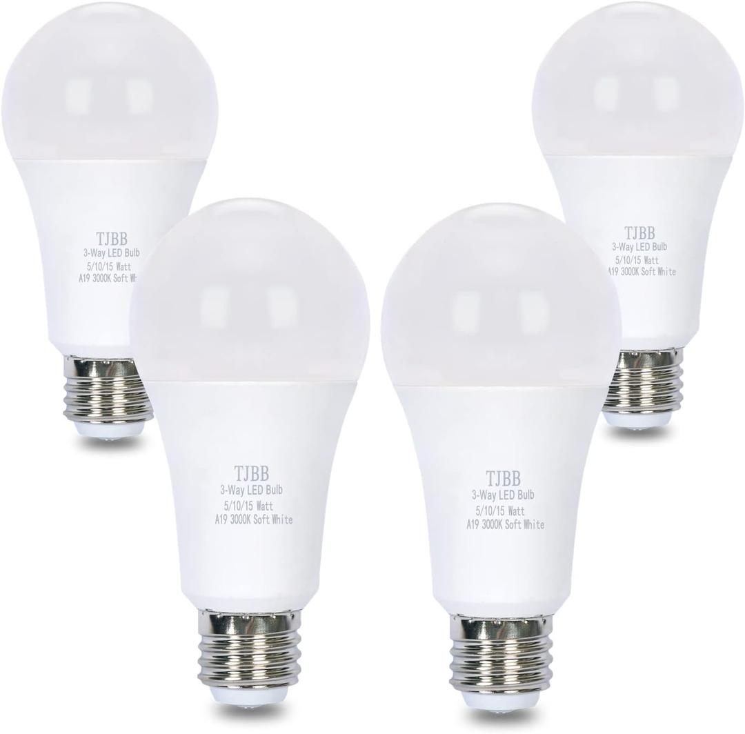 TJBB 4 Pack 3 Way LED Light Bulbs 50 100 150Watt Soft White 3000K Equivalent, 5/10/15W Three Way Light Bulbs A19 E26 Base, 700 1400 2100 Lumens