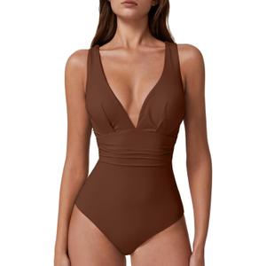 QINSEN Womens Sexy V Neck One Piece Bathing Suit Cross Back Swimsuit High Waist Monokini (Brown), XL