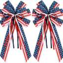 2 Pcs Patriotic Bows for Wreaths Decorations,Red White Blue Stripe String Stars Tree Topper Bow for 4th of July,Independence Day,Memorial Day,Veteran's Day,USA,American Front Door Indoor Outdoor Decor