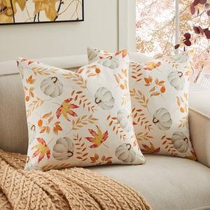 YZJZEDS 100% Cotton Fall Pillow Covers Set of 2, 18x18 Inch Pumpkin & Maple Leaf Print Farmhouse Thanksgiving Throw Pillow Covers Cushion Case Fall Home Decor for Sofa Bed Living Room
