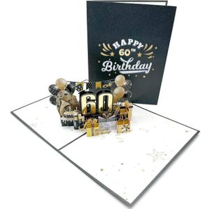 Teabug Cards Golden 60th Birthday 3D Pop-Up Greeting Card for Party Celebration. Happy Birthday for Man and Woman.