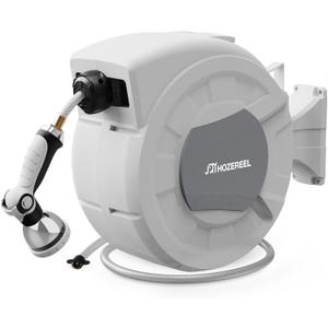 100 FT x 1/2" Retractable Garden Hose Reel by HOZEREEL, Decorative Outdoor Garden Hose Reels - Automatic Self Retract Wall Mount Hose Reel Enclosed Storage, Any Length Lock, 10 Pattern Nozzle-Grey