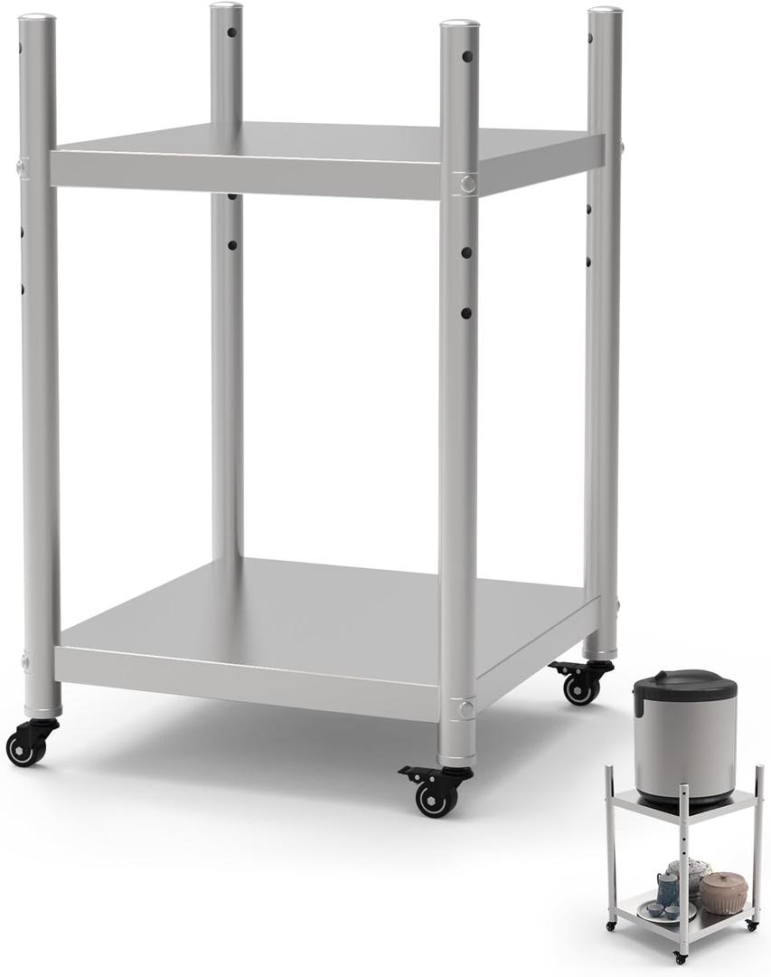 Stainless Steel Rice Warmer Stand–20"x20" SS Two-Tier Cart with Adjustable Upper Shelf & 4 Swivel Casters (2 Locking) Store&Move Cooking Equipment Multi-Purpose Mobile Station for Indoor/Outdoor