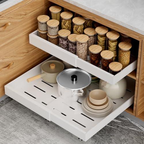 ALANSON 2 Pack Pull Out Cabinet Organizer 21 inch Deep,Expandable Pull out Drawers for Cabinets Adhesive with Film, No Drill Slide Out Drawers for Kitchen Cabinets (White, 21" D x 12"-20" W(2Pack))