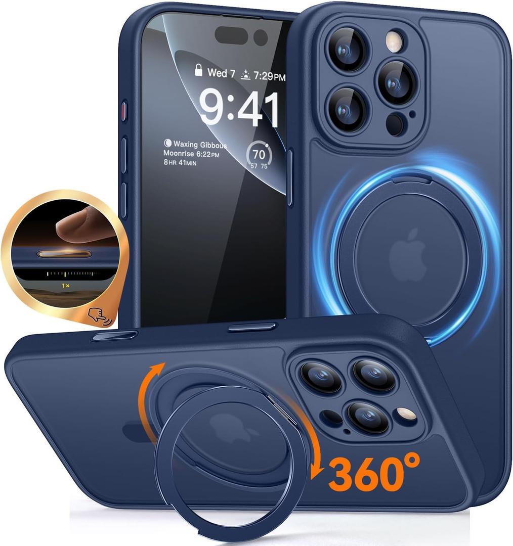 CANSHN 360° Spin Magnetic Stand for iPhone 16 Pro Max Case with Camera Control [Full Camera Protection] [Compatible with Magsafe] Translucent Matte Shockproof Protective Phone Cover 6.9" - Deep Blue