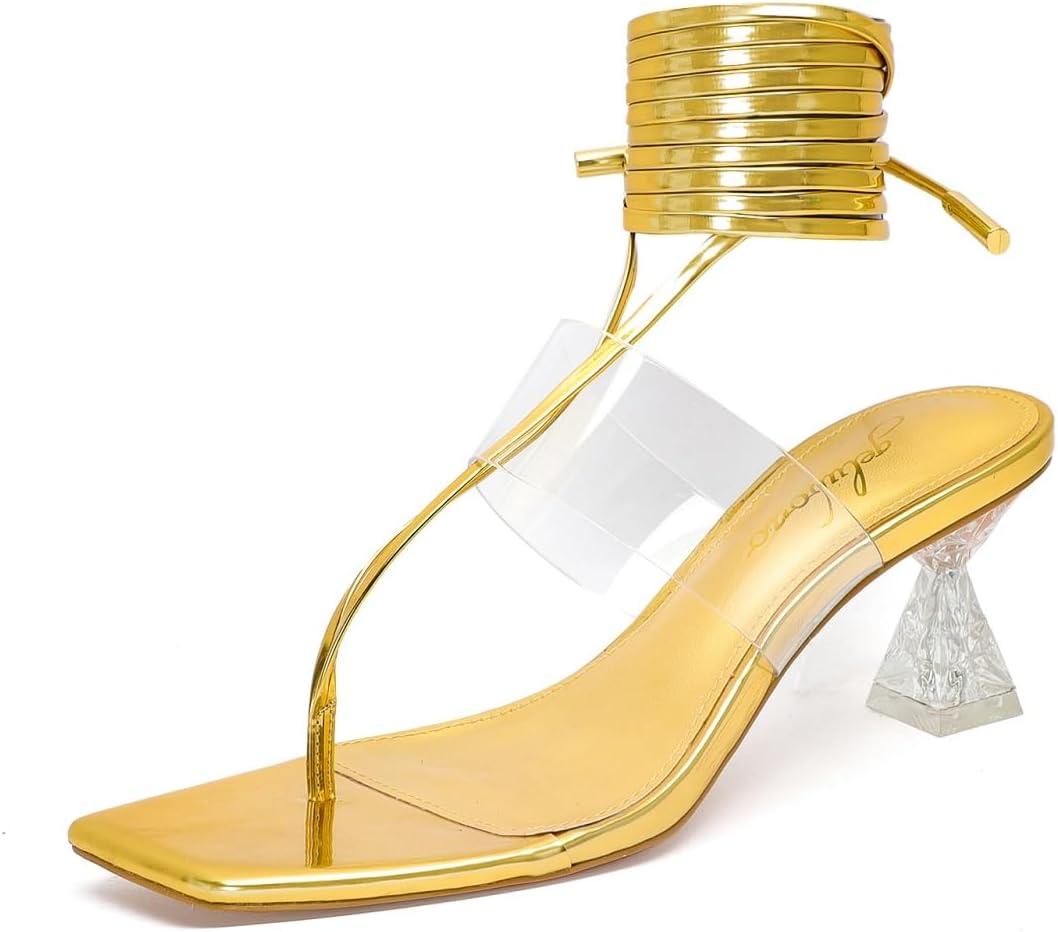 geluboao Gold Heels for Women Sexy Square Open Toe Lace Up Thong Strappy Clear Heeled Sandals Wedding Dress Flip Flops Chunky Crytal Shoes 7.5