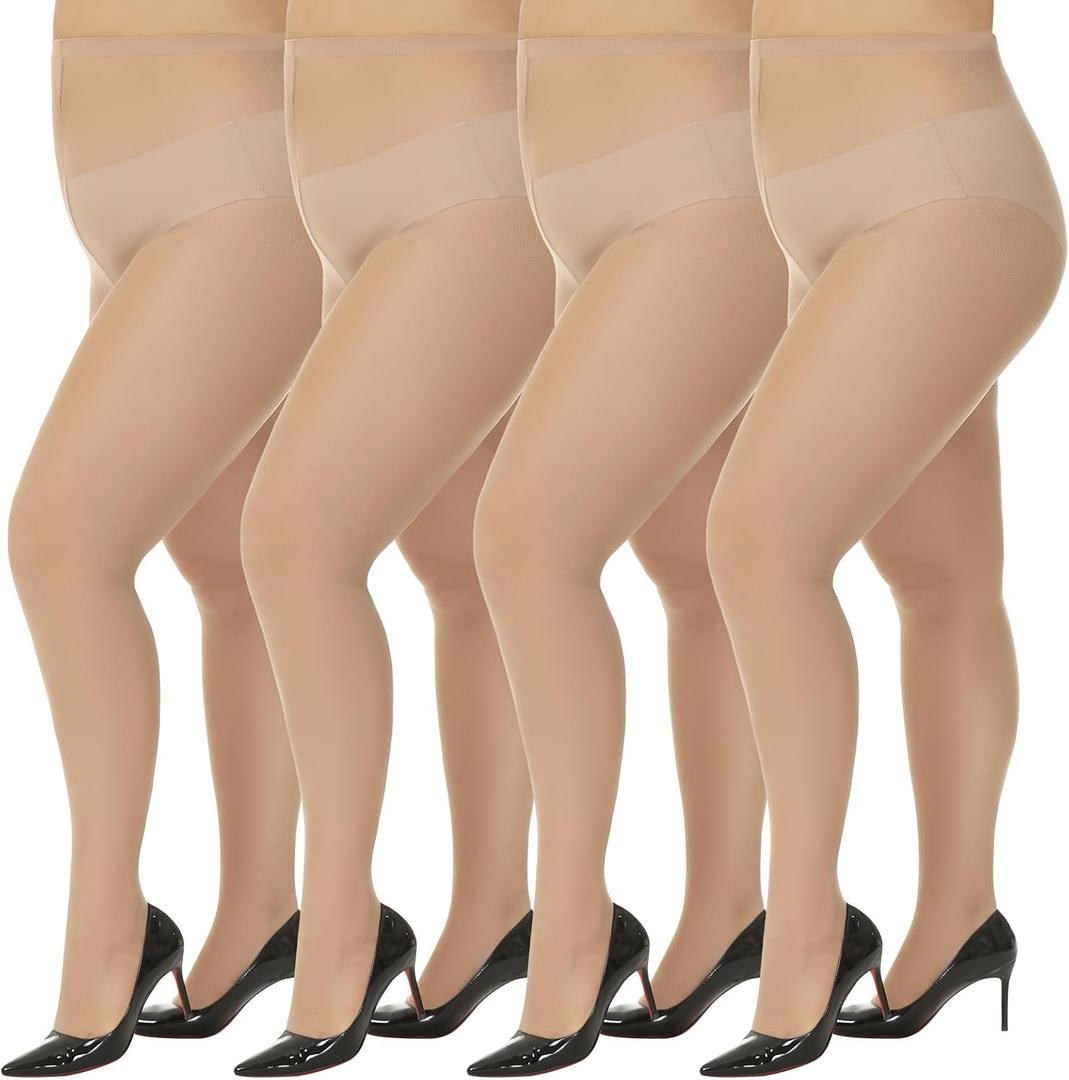 MANZI Women's Plus Size Pantyhose 4 Pairs Sheer Nylon Tights (X-Large)