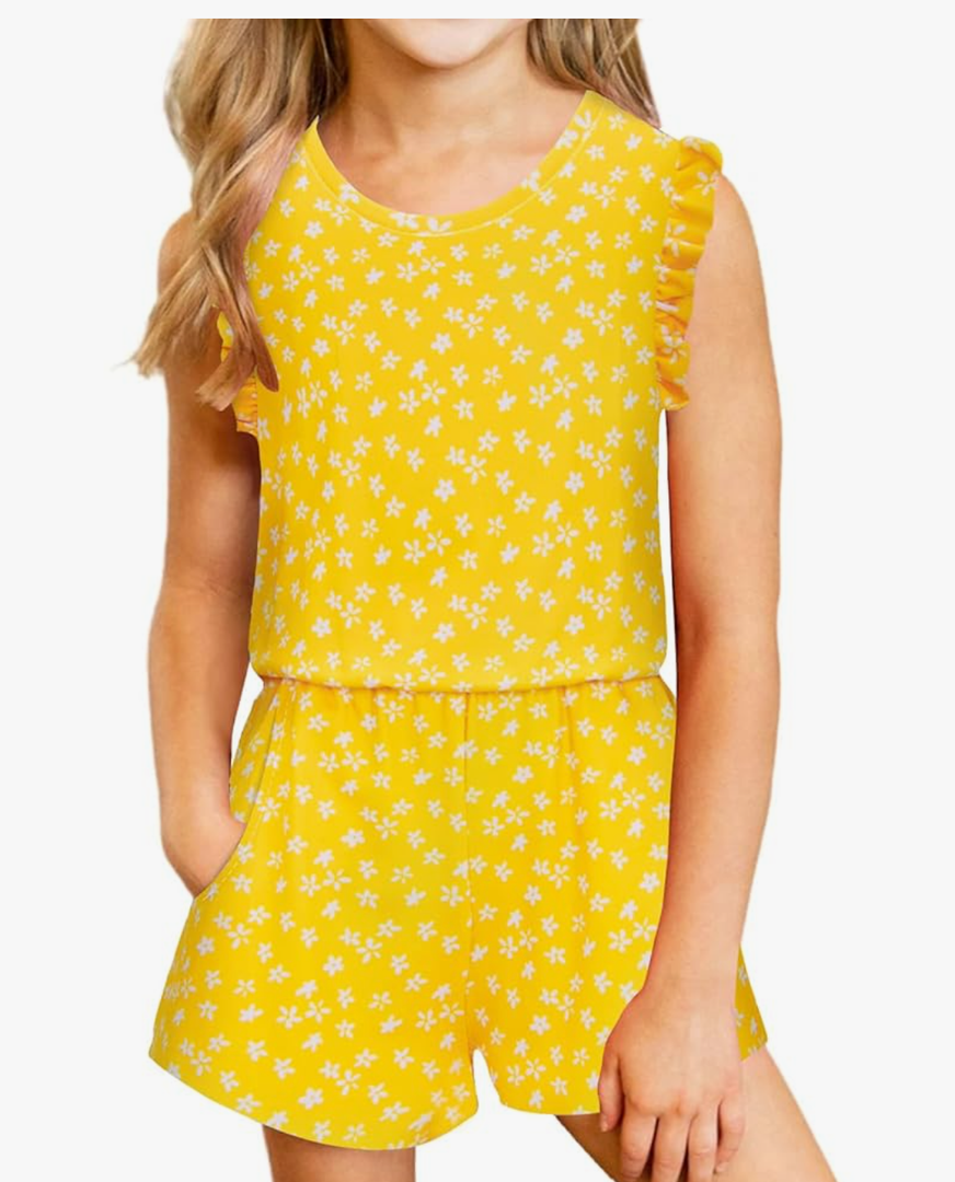 Girls Jumpsuits Rompers Ruffle Sleeve Romper Shorts with Pockets Summer One Piece Playsuit Outfits for Girl 6-13 Years
