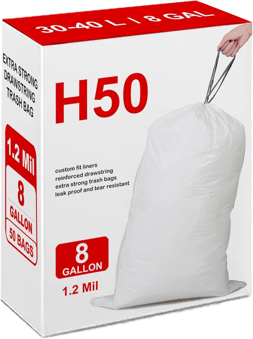 8 Gallon Code H Heavy Duty Trash Bags 1.2 Mil Heavy Duty | Reliable1st Compatible with simpleman Code H | White Drawstring (50 Count) 8 Gallon | 30-40 Liter