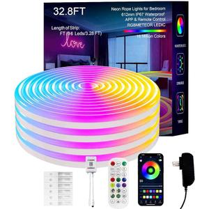 Neon Rope Lights, 32FT IC+RGB LED Strip Lights, App+Remote Control, Outdoor IP67 Waterproof, Music Sync, Color Changing, Flexible DIY Design Neon Lights for Bedroom, Gaming, Party Decor