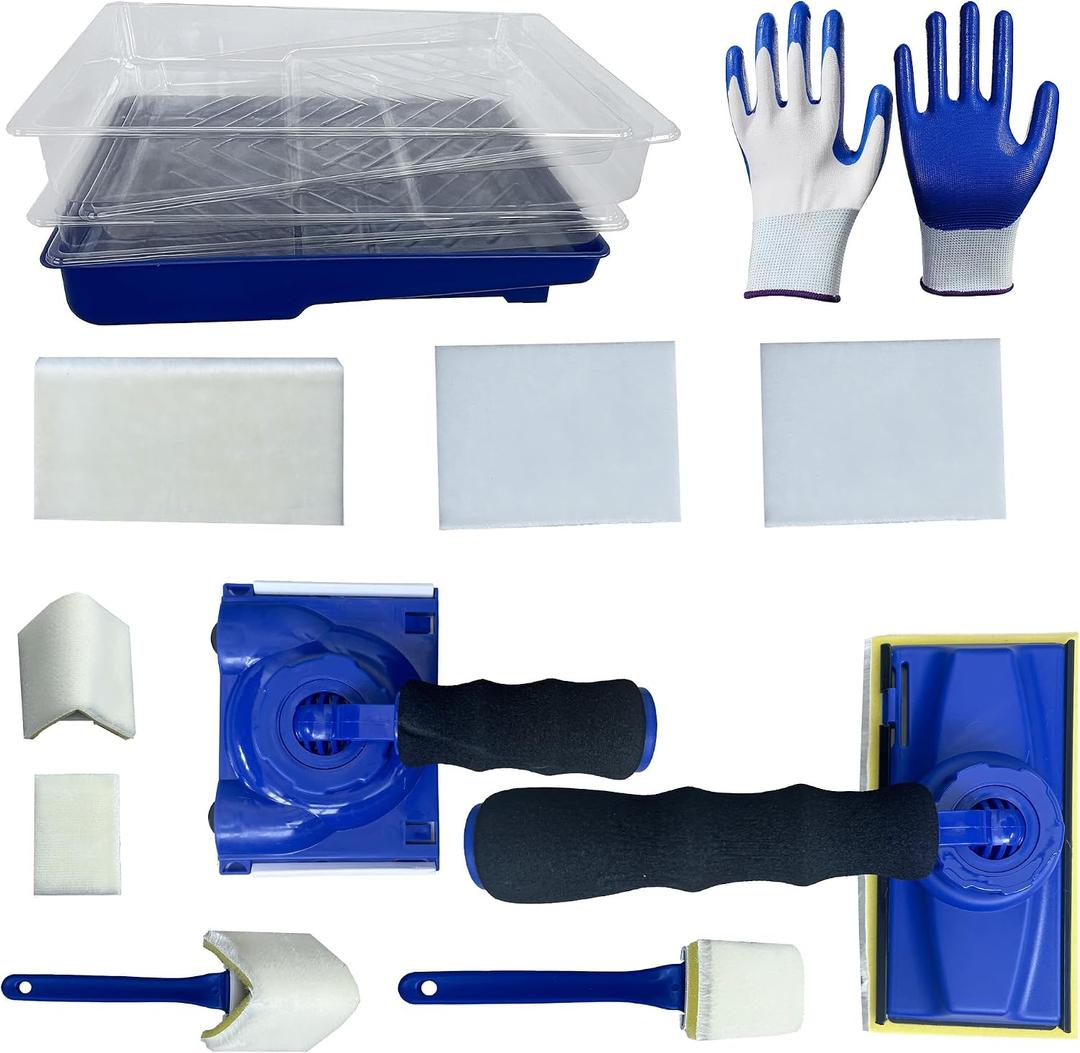 Paint Edger Tool Kit 15 PCS, 360 Rotation Handle Paint Edger Trimmer for Trim/Corner Wall & Ceiling, Refill Pads, 7 Inch Paint Pad Set, Rubber Gloves & 4 Clear Base Trays