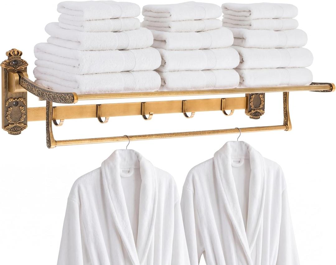 28" 2-Tier European Style Brass Foldable Towel Rack with Hook, Gold