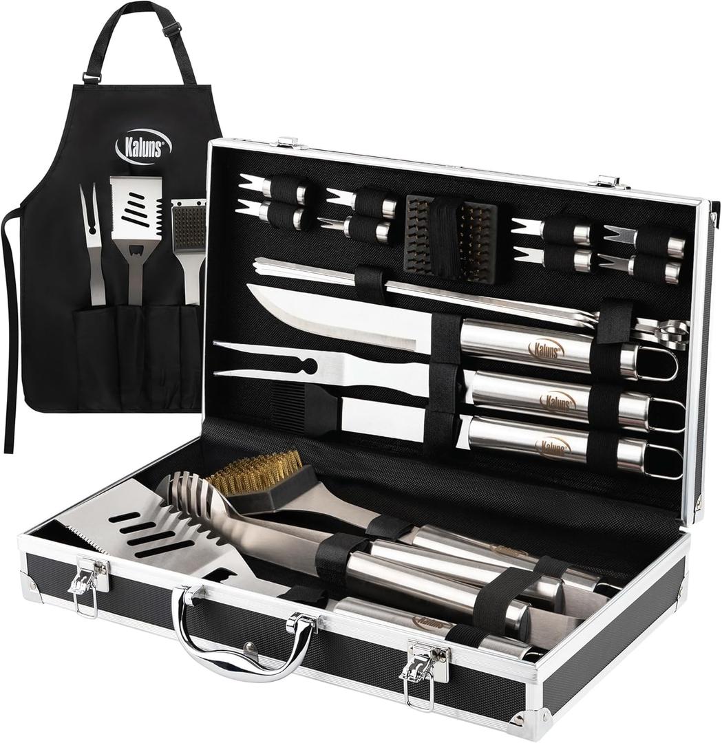 Kaluns Grilling Accessories, Dad Gifts for Fathers Day, Mothers Day Grilling Gifts, Heavy Duty Stainless Steel BBQ Tool Set for Outdoor Grill with Aluminum Case and Apron, Birthday Gifts for Men