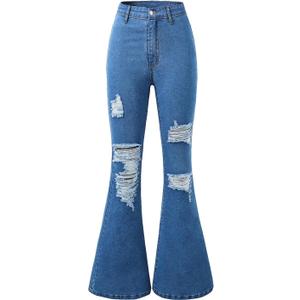 SHENHE Girl's Ripped Bell Bottom Zipper Jeans Distressed Flare Denim Pants (Blue), 8-9Y