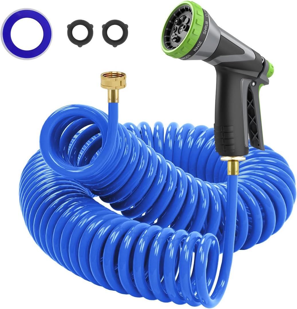 Coil Hose,3/8" EVA Coil Garden Hose 25 FT,Curly Water Hose Lightweight with Brass Connectors,Recoil Garden Hose Includes 8-Pattern Spray Nozzle for Boat, Yard, Patio