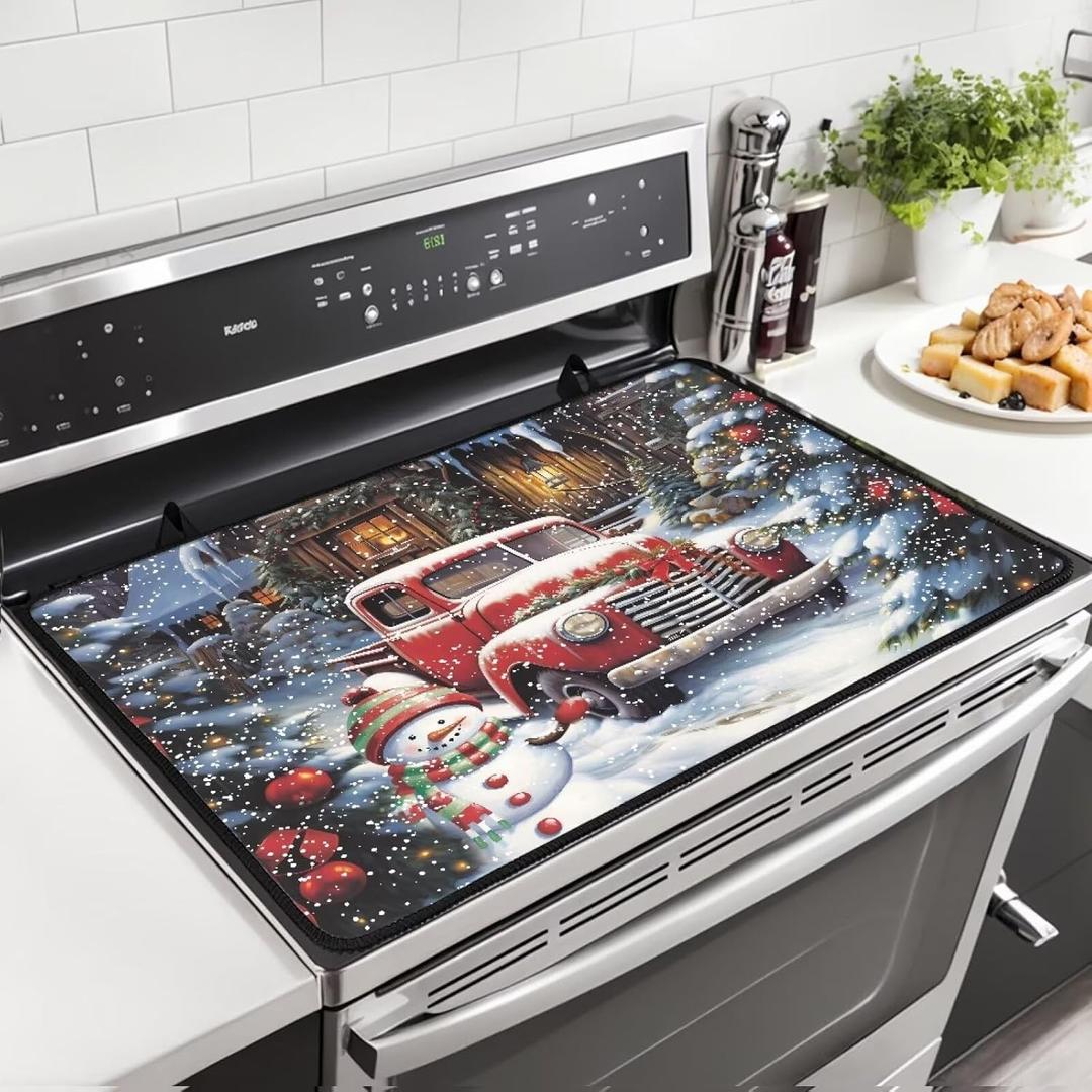 Kitchen Stove Cover, Cooktop Heat-resistant Protector Pad, Electric Stove Cover, Non Slip Stovetop Cover for Holiday Decor Christmas Red Truck Snowman Print