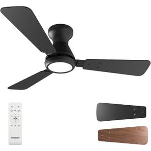 Ensenior Ceiling Fans with Lights, 42 Inch Low Profile Ceiling Fan with Light and Remote, Circulate Warmth, Flush Mount, 3CCT, Noiseless, Ceiling Fan for Bedroom and Living Room, Flush Mount - Black