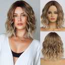Short Ombre Blonde Wavy Wig for Women 14 Inch Shoulder Length Middle Part Curly Wavy Bob Wig Natural Looking Synthetic Heat Resistant Fiber Wig for Daily Party Use