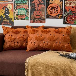 Kevin Textile Happy Halloween Pillow Covers 12x20 Inch Set of 2 3D Bats with Ears Embroidery Decor Soft Plush Faux Fur Rectangular Lumbar Cushions for Holiday Decor Sofa Couch Bedroom, Brown