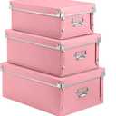 SEEKIND Storage Box, Decorative Storage Bins with Lid,3 in 1 Set,Plastic,with Handles,Press-Stud Fastening,Moisture-proof,Foldable for Space Saving Storage,for Clothes,Cosmetic,Blankets (Pink)