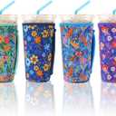 4 Pack Iced Coffee Sleeve,reusable Neoprene Cup Sleeves Suitable For Beverage Sleeves For Hot And Cold Coffee Or Ice Drink Coffee cup sleeve for Starbucks coffee cup (flowers 30-32 OZ)