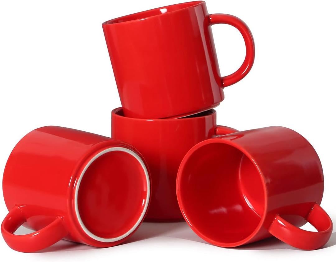 12 oz Stackable Coffee Mugs for Office Party, M101 Novelty Ceramic Cup for Boy Girl lover Women Men, Set of 4, Red