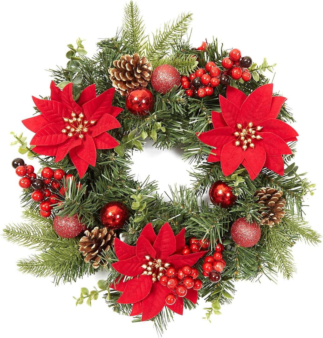 Adeeing 16 Inch Christmas Wreath, Outdoor Christmas Wreath with Red Artificial Poinsettia Flowers Ball Ornaments Pine Cones Berries for Door Wall Window Fireplace Home Holiday Decorations