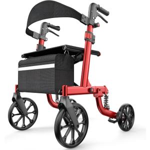 Foldable Rollator Walkers with Seat for Seniors, All Terrain Outdoor（Red