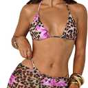 Verdusa Women's 4 Piece Cheetah Floral Halter Bikini Set Tie Back Swimsuit with Cover Up Skirt and Bandana Scarf (Medium, Purple)