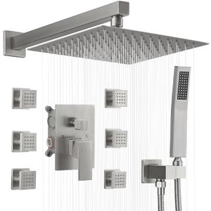 BWE 10 Inch Brushed Nickel 3-Faction Wall Mounted Bathroom Shower System | Brass,Rainfall Shower Head,Handheld Shower Head,Pressure Balance Valve,6 Body Spray Jets,Escutcheon Plate,Easy Installation