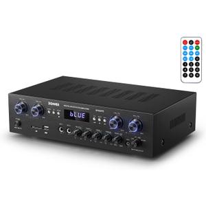 Donner Bluetooth 5.0 Stereo Audio Amplifier Receiver, 4 Channel 440W Peak Power Home Theater Stereo Receiver with USB, SD, FM, 2 Mic in Echo, RCA, LED, Speaker Selector for Studio, Home  MAMP5