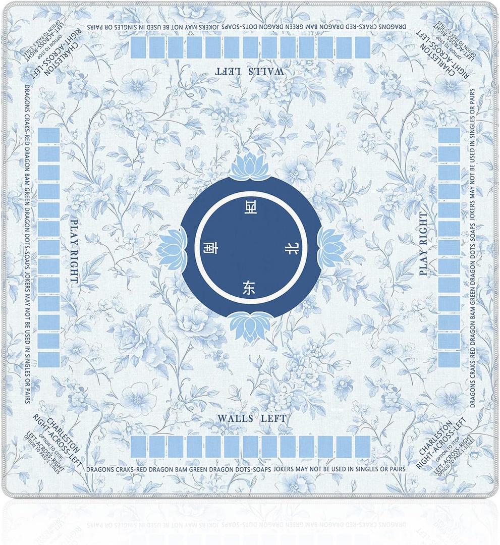 Blue Chinoiserie Floral Mahjong Mat 31.5 x 31.5 in, Vintage Pastel Blue and White Floral Anti Slip and Noise Reduction Game Table Cover for Mahjong Dominoes Card Board Tile Games
