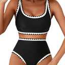 Herseas Women's Bikini Sets Floral Print Whip Stitch 2 Piece Swimsuits High Waisted Scoop Bathing Suits
M