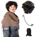 Desert Warrior Dune Costume Set - Curly Brown Wig, Black Fitted Breathing Nose Tube to Form to Face, and Netted Wig Cap for Cosplay - One Size Fits All