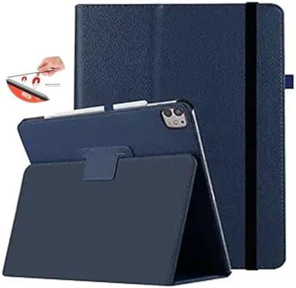CASZONE Case for iPad Pro 11 inch 2024 M4(5th Generation) with Pencil Holder & Right Magnetic Attachment Pencil Charging,PU Leather Bifold Stand Tablet Cover with Auto Sleep/Wake,Dark Blue