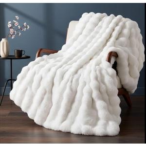 Ghouse Faux Fur Throw Blanket for Couch, Soft Fluffy Bubble Blanket, Double-Sided Faux Rabbit Fur Throw for Sofa,, White 50 x 60 Inches, 860 GSM