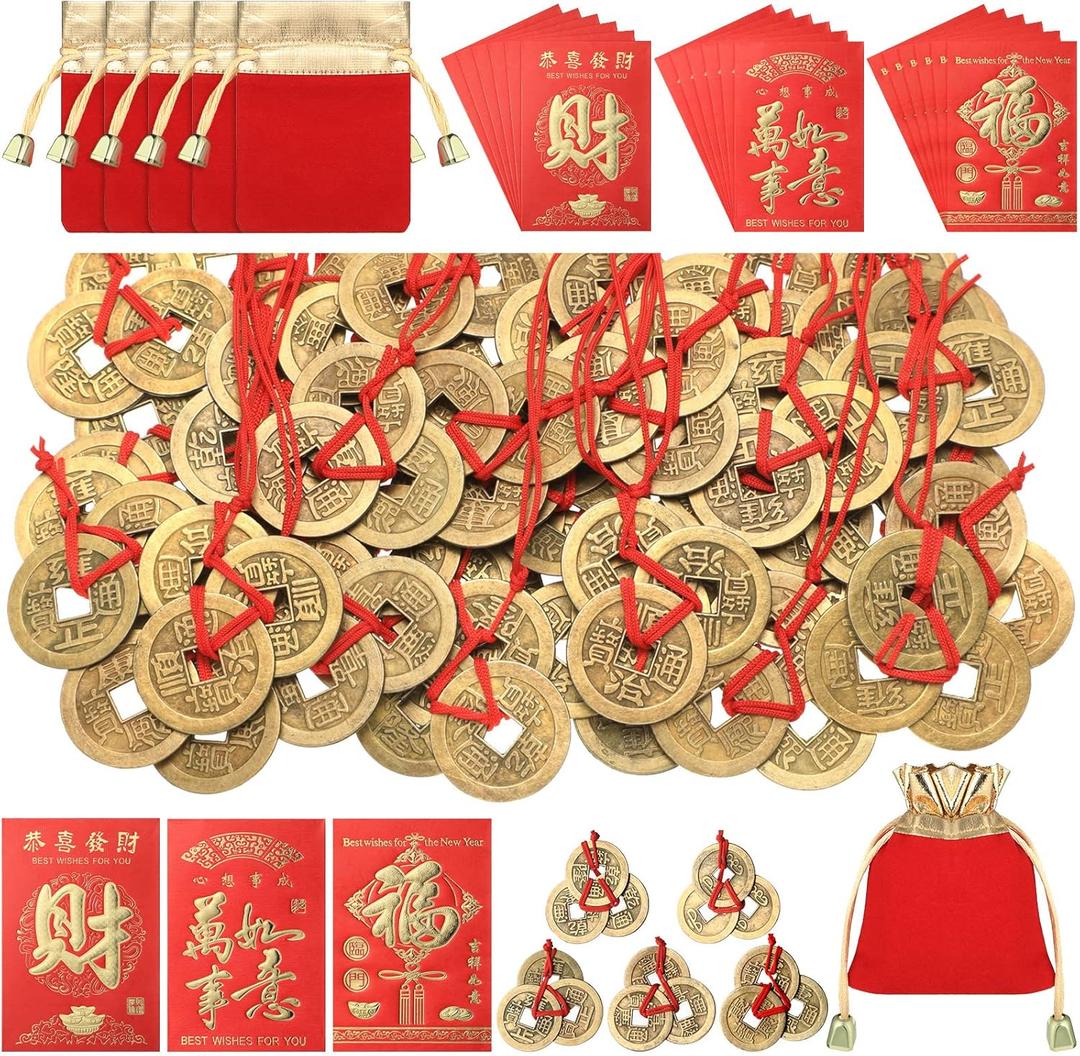 Chuangdi 40 Sets Chinese Feng Shui Coins with Red Ribbon and 24 Pieces Red Envelopes 5 Pieces Gold Lucky Bags Fortune 2026 Chinese New Year Horse Year Lucky Coins for Wealth Health Success Good Luck
