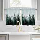 Pine Tree Forest Kitchen Curtain 24 Inch Length Small Short Cafe Tiers Curtains Drape, 2 Panel Window Treatment Rod Pocket Drapery Panels Curtains, Green Landscape Nature Decor 55x24