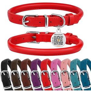 BRONZEDOG Rolled Leather Dog Collar for Small Medium Large Dogs with QR ID Tag (S: 12-14 Inch, Scarlet Red)